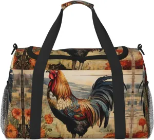 Rooster on Wood in Farmland Print Travel Duffle Bag Large Capacity Tote Stylish Weekender Bag for Outdoor Activities