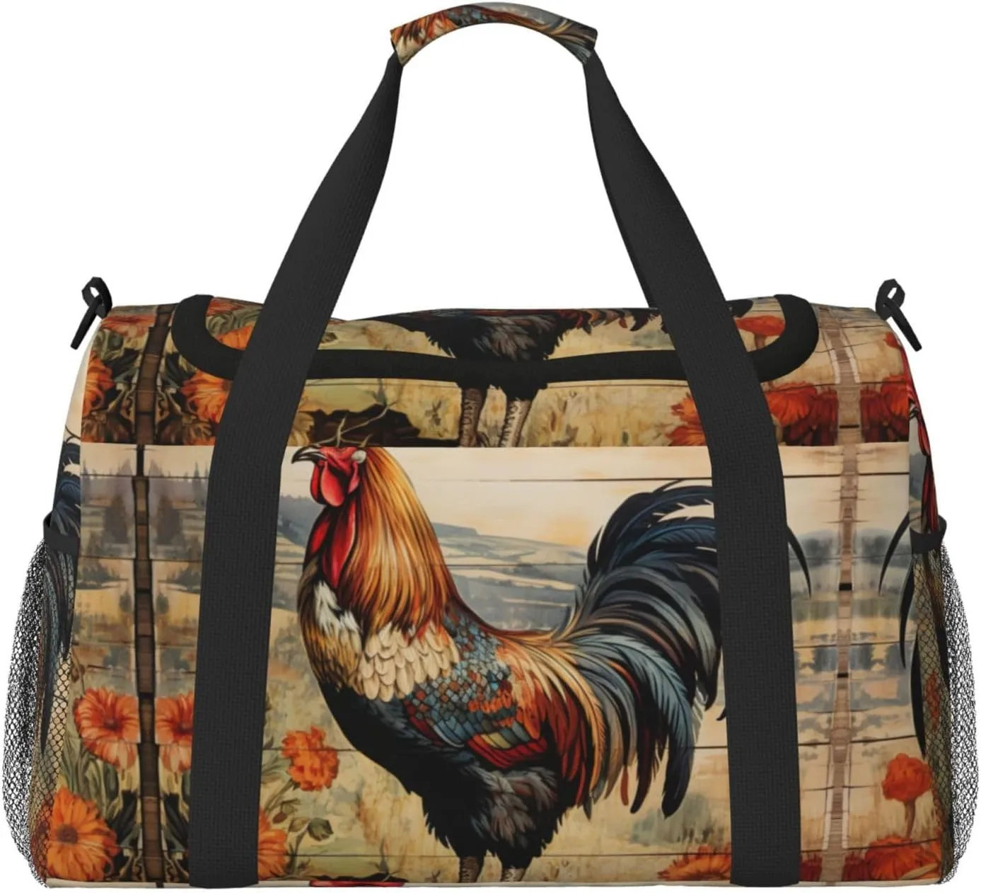 Rooster on Wood in Farmland Print Travel Duffle Bag Large Capacity Tote Stylish Weekender Bag for Outdoor Activities