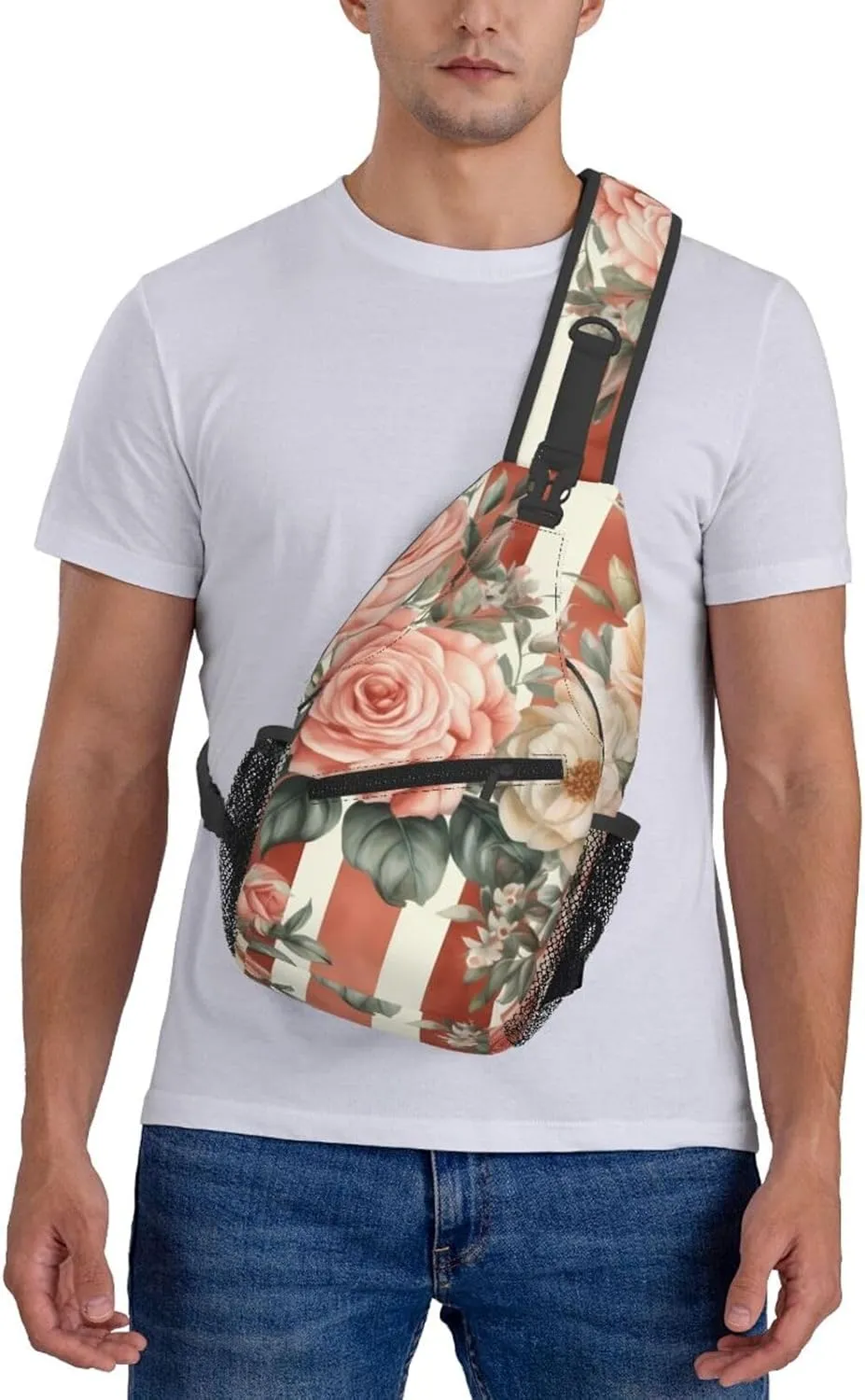 Rose Flower With Red Stripes Sling Bag Backpack For Men Cross Chest Bag Crossbody Shoulder Bag Travel Hiking Daypack