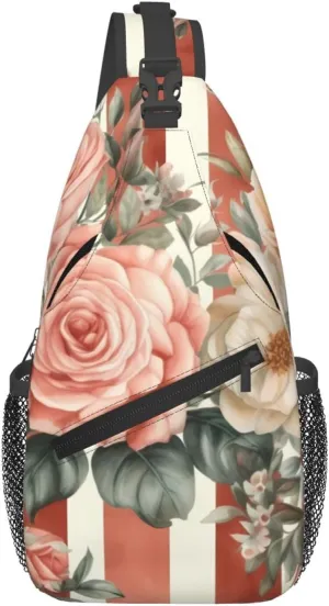 Rose Flower With Red Stripes Sling Bag Backpack For Men Cross Chest Bag Crossbody Shoulder Bag Travel Hiking Daypack