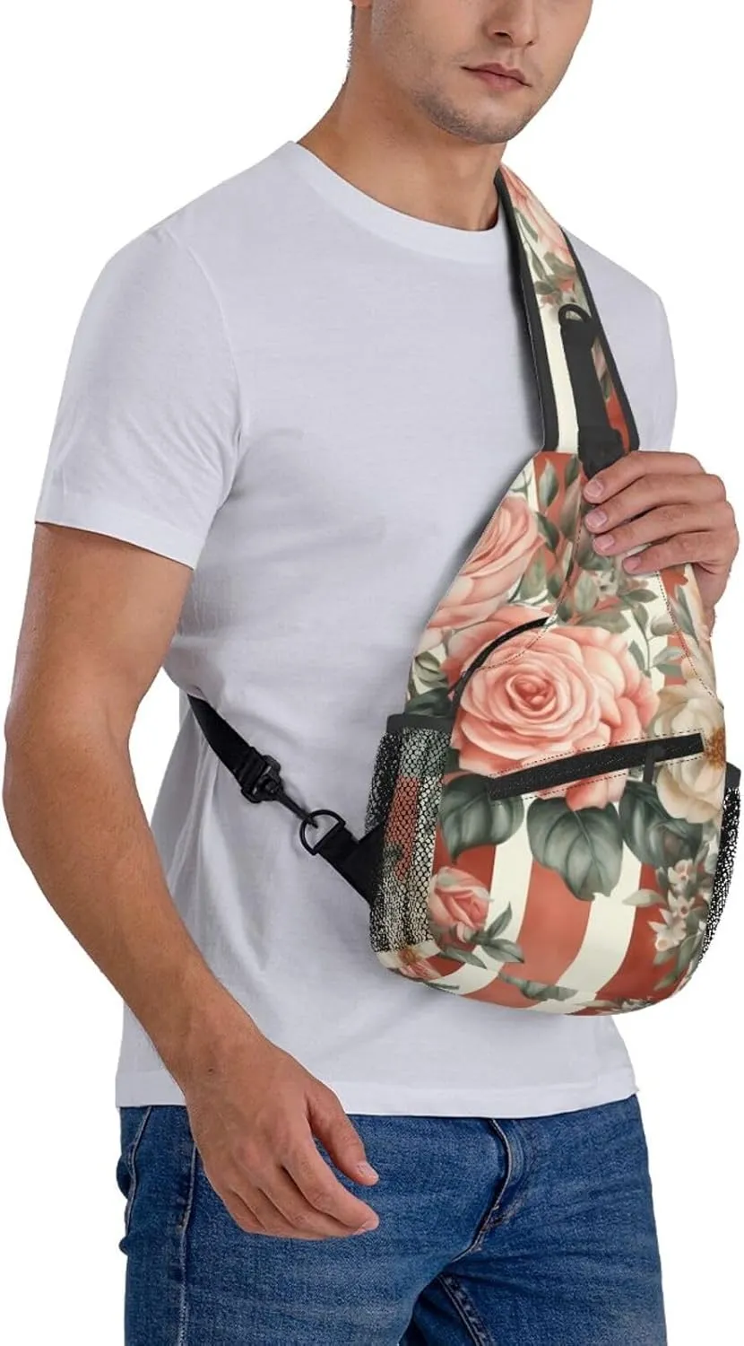 Rose Flower With Red Stripes Sling Bag Backpack For Men Cross Chest Bag Crossbody Shoulder Bag Travel Hiking Daypack