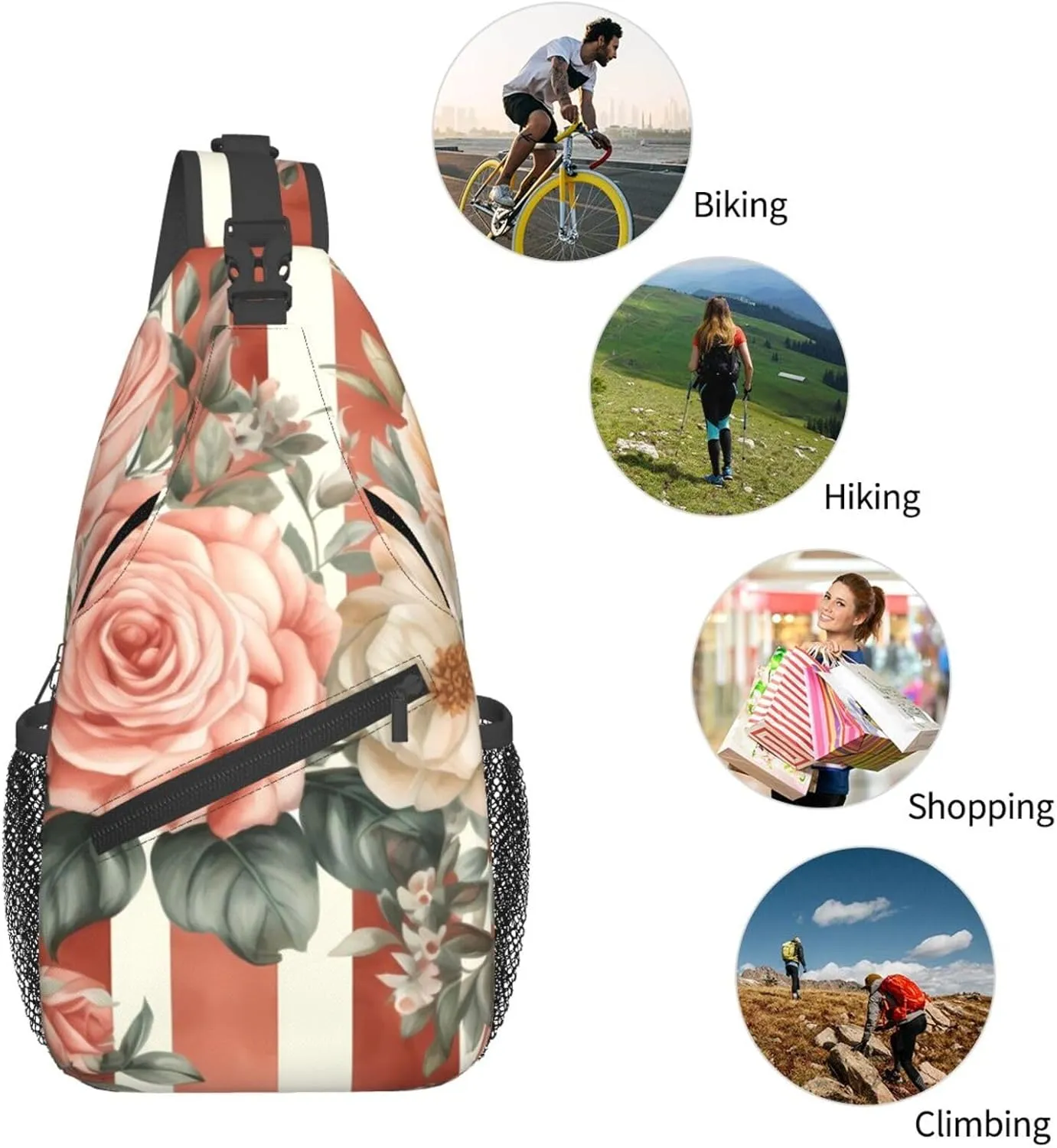 Rose Flower With Red Stripes Sling Bag Backpack For Men Cross Chest Bag Crossbody Shoulder Bag Travel Hiking Daypack