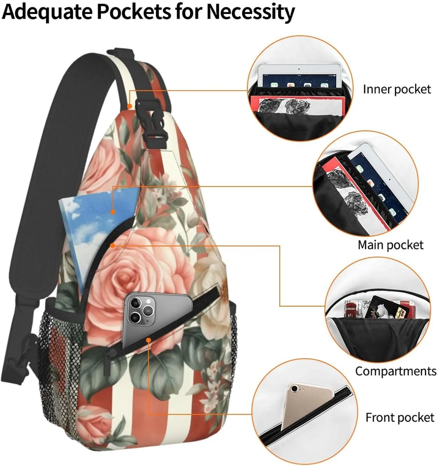 Rose Flower With Red Stripes Sling Bag Backpack For Men Cross Chest Bag Crossbody Shoulder Bag Travel Hiking Daypack