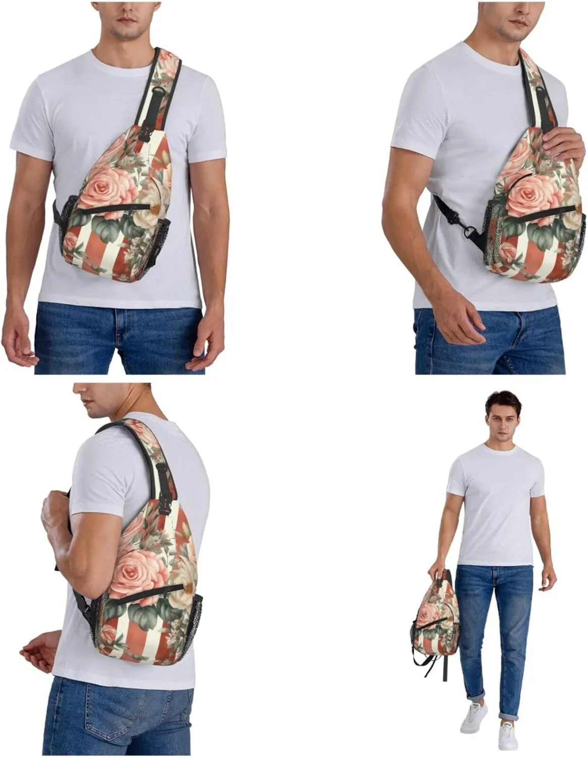 Rose Flower With Red Stripes Sling Bag Backpack For Men Cross Chest Bag Crossbody Shoulder Bag Travel Hiking Daypack