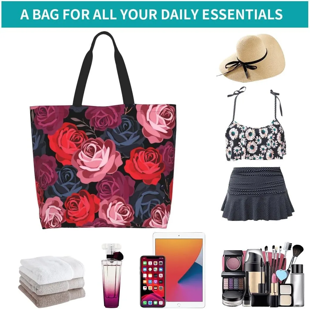 Rose Print Gym Tote Bags for Women, Cute Rose Print Purse, Reusable Shopping Handbags, Casual Travel Work Daily Waterproof Summer Grocery Bag Holiday Gifts -Large