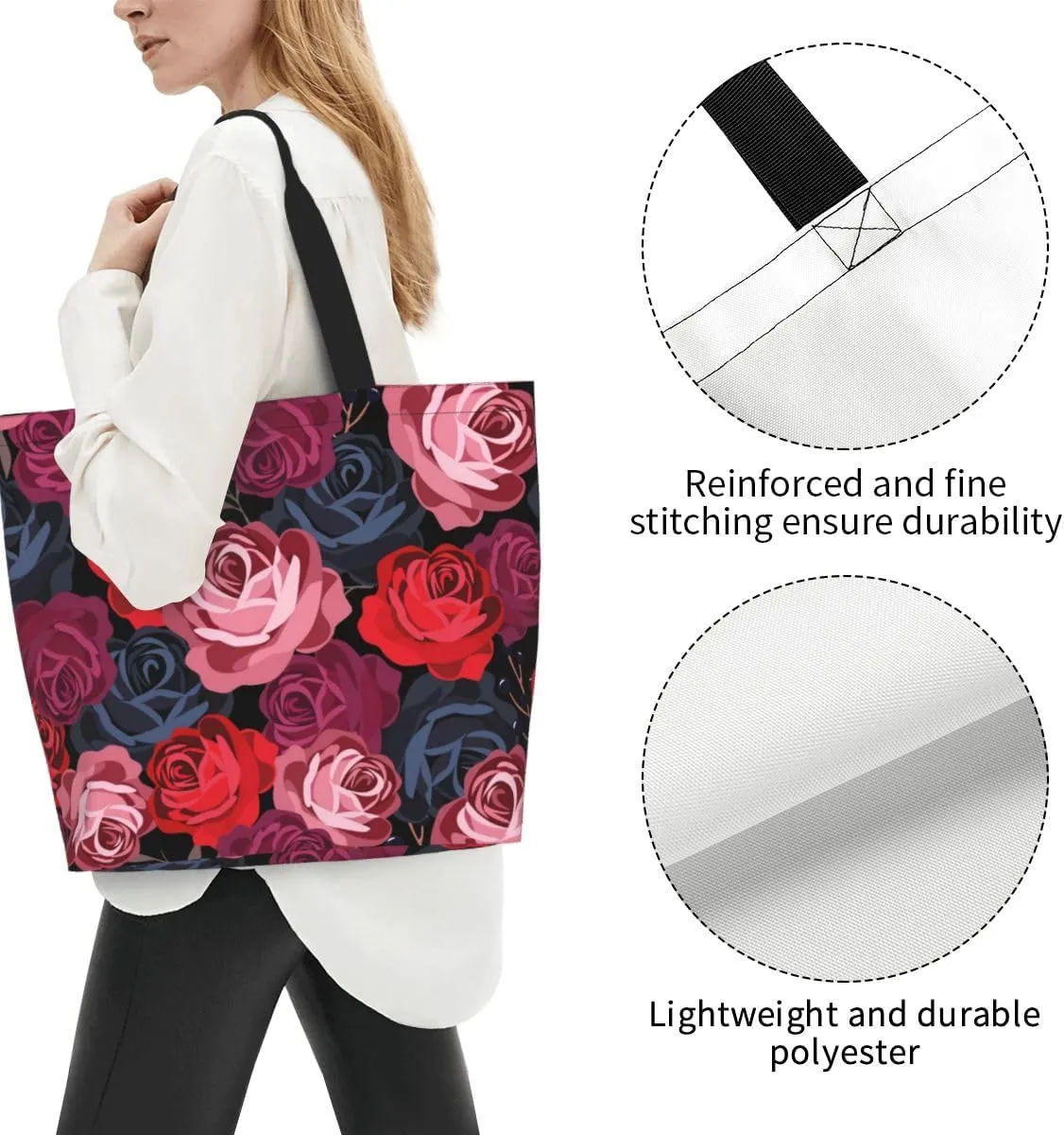 Rose Print Gym Tote Bags for Women, Cute Rose Print Purse, Reusable Shopping Handbags, Casual Travel Work Daily Waterproof Summer Grocery Bag Holiday Gifts -Large