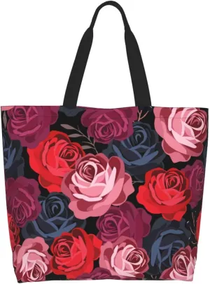 Rose Print Gym Tote Bags for Women, Cute Rose Print Purse, Reusable Shopping Handbags, Casual Travel Work Daily Waterproof Summer Grocery Bag Holiday Gifts -Large