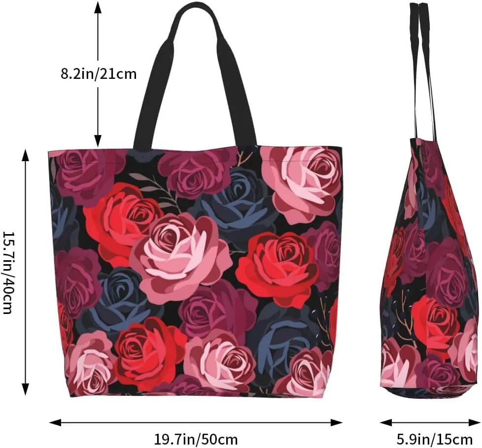 Rose Print Gym Tote Bags for Women, Cute Rose Print Purse, Reusable Shopping Handbags, Casual Travel Work Daily Waterproof Summer Grocery Bag Holiday Gifts -Large