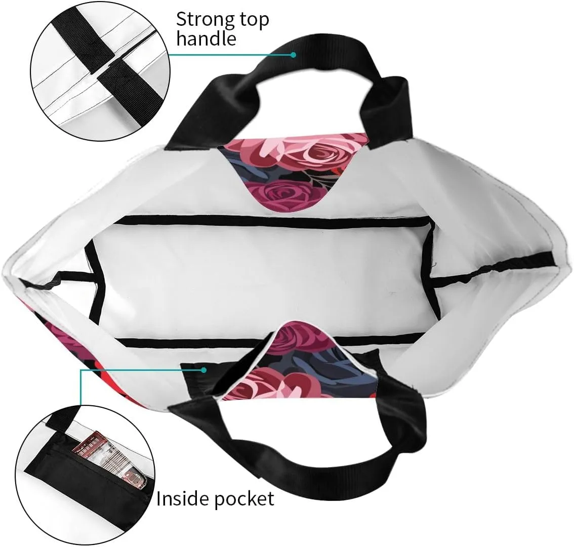 Rose Print Gym Tote Bags for Women, Cute Rose Print Purse, Reusable Shopping Handbags, Casual Travel Work Daily Waterproof Summer Grocery Bag Holiday Gifts -Large