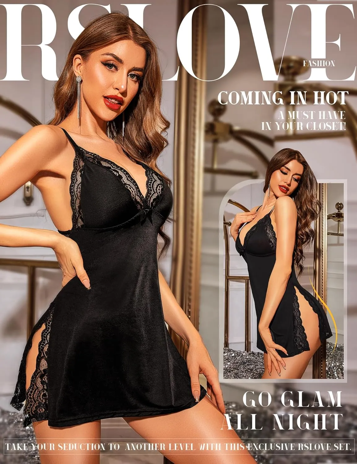RSLOVE Women's Lingerie Sexy Nightgown Lace Babydoll Deep V Chemise Side Slit Nightie Sleepwear