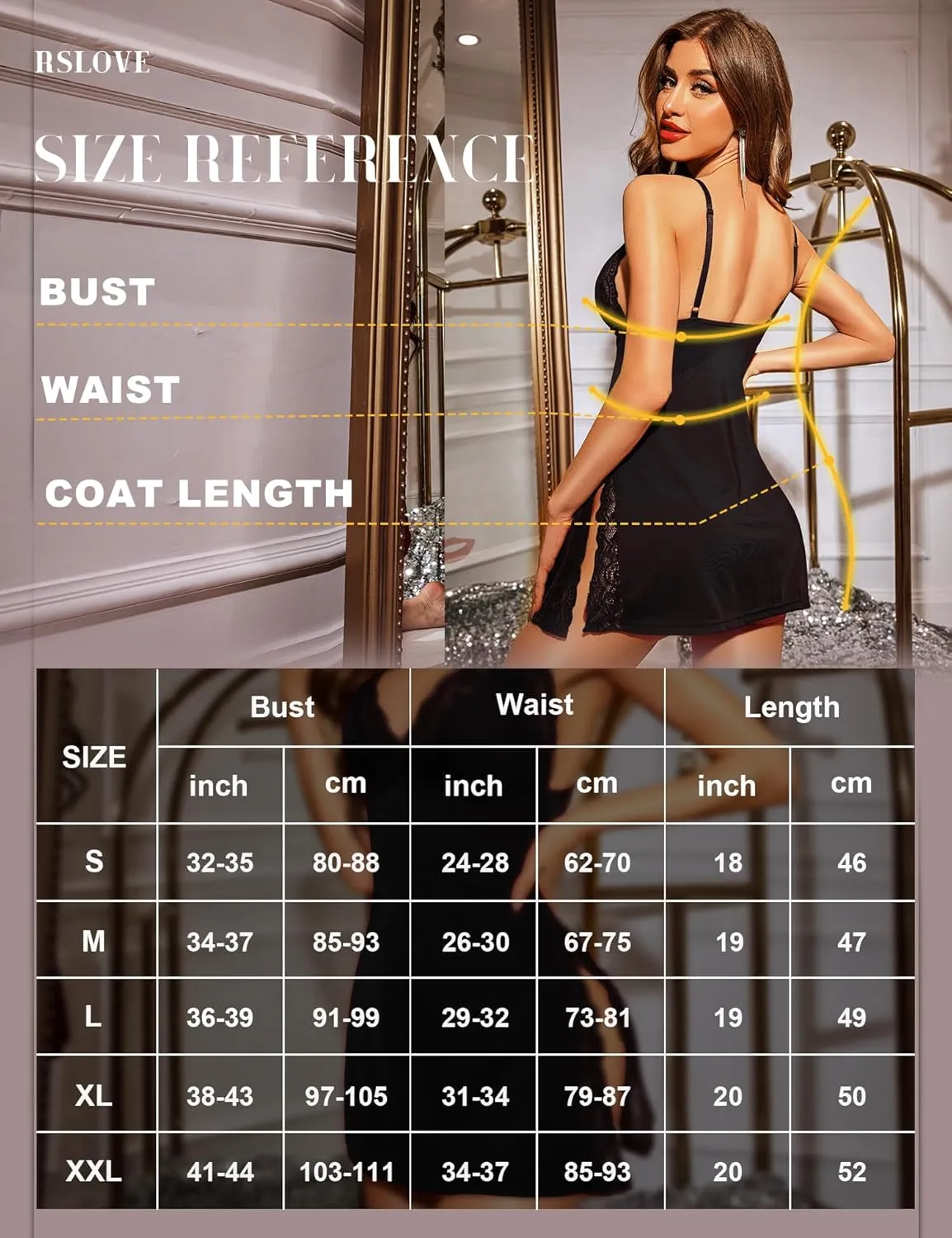 RSLOVE Women's Lingerie Sexy Nightgown Lace Babydoll Deep V Chemise Side Slit Nightie Sleepwear