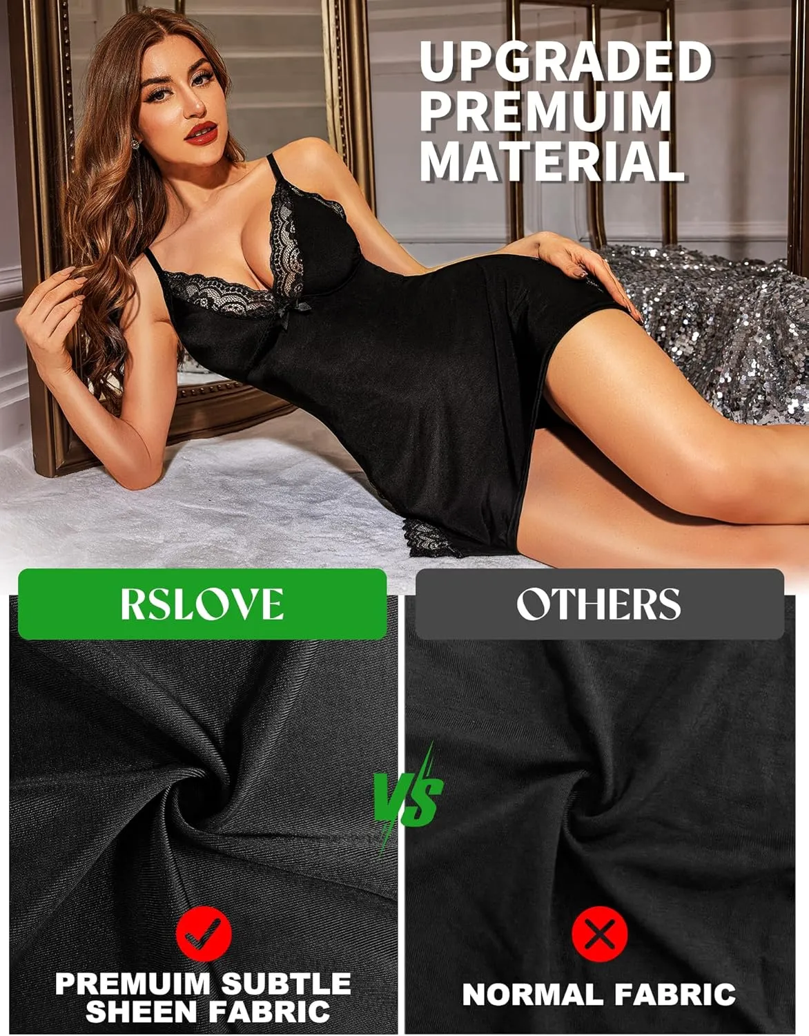 RSLOVE Women's Lingerie Sexy Nightgown Lace Babydoll Deep V Chemise Side Slit Nightie Sleepwear