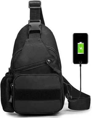 RTGGSEL Men's Camouflage Tactical Sling Shoulder Bags Travel Military MOLLE EDC Crossbody Chest Bag with USB Charging Port (Black)