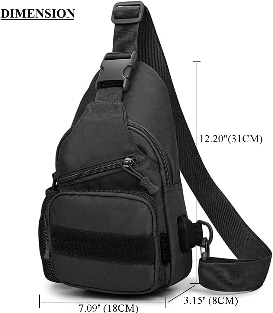 RTGGSEL Men's Camouflage Tactical Sling Shoulder Bags Travel Military MOLLE EDC Crossbody Chest Bag with USB Charging Port (Black)