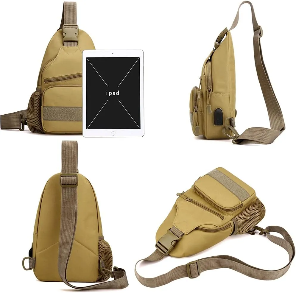 RTGGSEL Men's Camouflage Tactical Sling Shoulder Bags Travel Military MOLLE EDC Crossbody Chest Bag with USB Charging Port (Desert Camouflage)