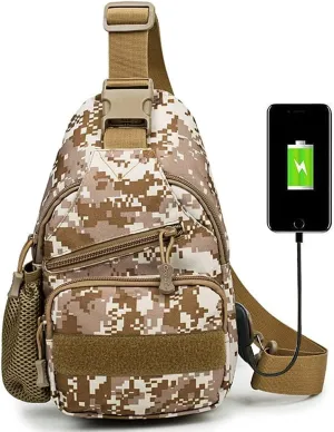 RTGGSEL Men's Camouflage Tactical Sling Shoulder Bags Travel Military MOLLE EDC Crossbody Chest Bag with USB Charging Port (Desert Camouflage)