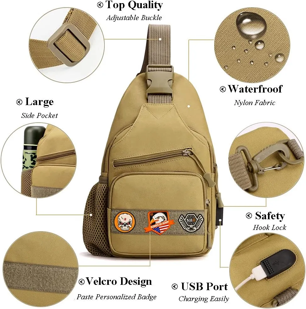 RTGGSEL Men's Camouflage Tactical Sling Shoulder Bags Travel Military MOLLE EDC Crossbody Chest Bag with USB Charging Port (Desert Camouflage)