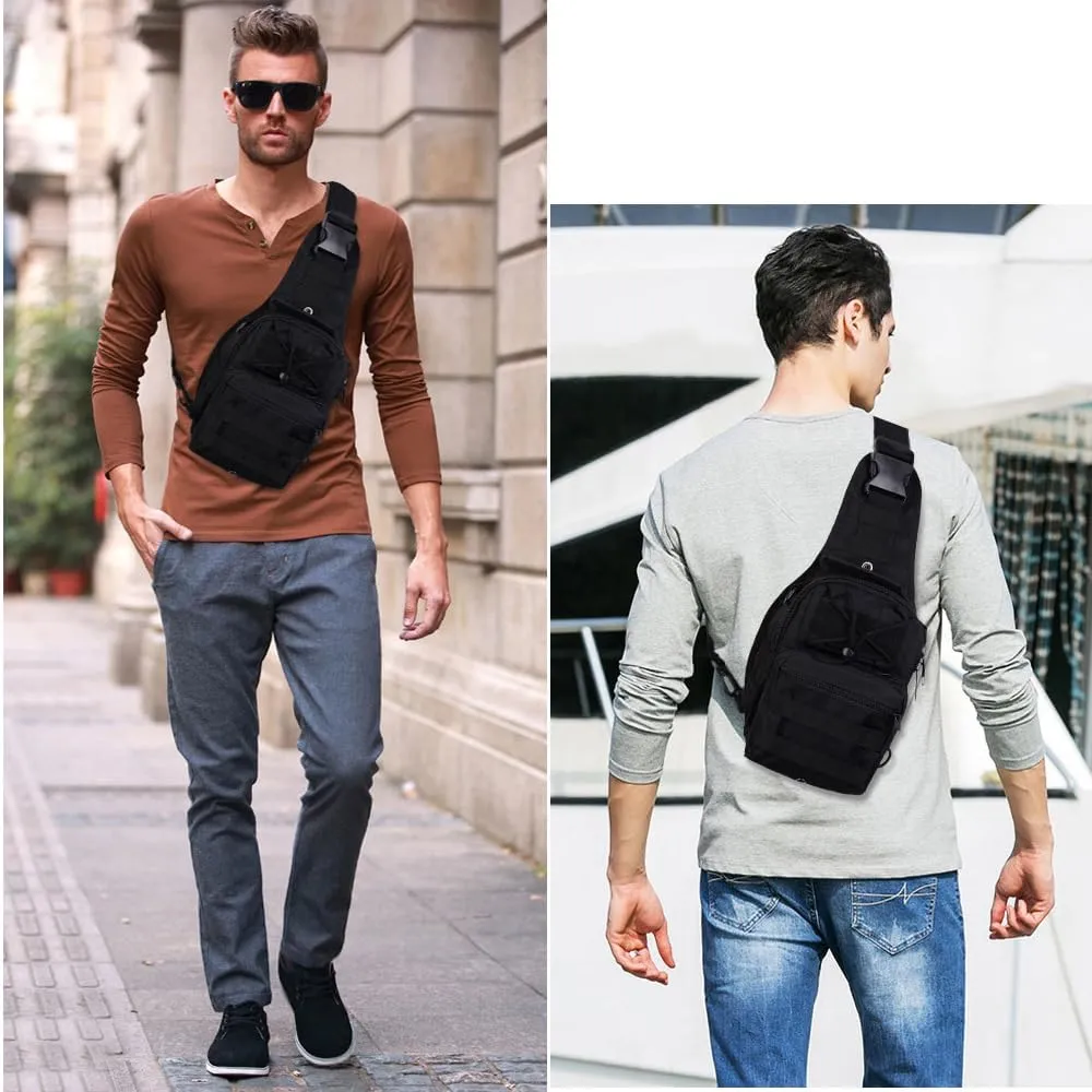 RTGGSEL Men's Camouflage Tactical Sling Shoulder Bags Travel Military MOLLE EDC Crossbody Chest Bag with USB Charging Port (String Black)