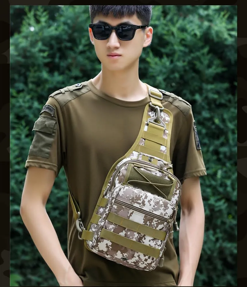 RTGGSEL Men's Camouflage Tactical Sling Shoulder Bags Travel Military MOLLE EDC Crossbody Chest Bag with USB Charging Port (String Desert Camo)