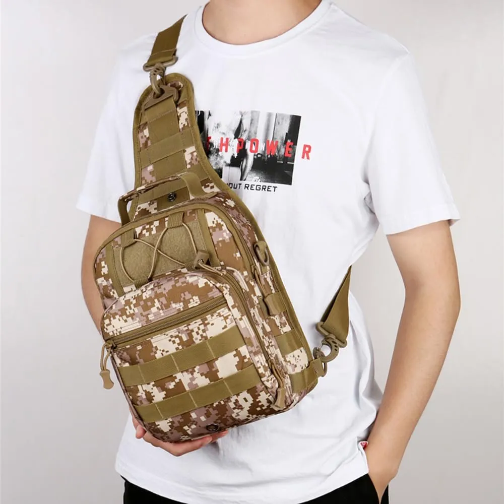 RTGGSEL Men's Camouflage Tactical Sling Shoulder Bags Travel Military MOLLE EDC Crossbody Chest Bag with USB Charging Port (String Desert Camo)