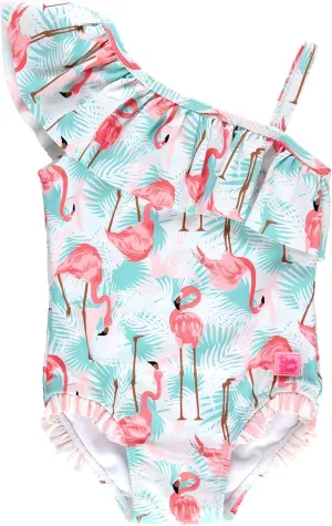 RuffleButts Vibrant Flamingo One Shoulder Ruffle One Piece - 8