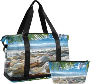 Sandy Beach Shell Gym Bag - Weekender Overnight Bags for Women Men, Sport Travel Duffel Bag with Wet Pocket & Shoe Compartment