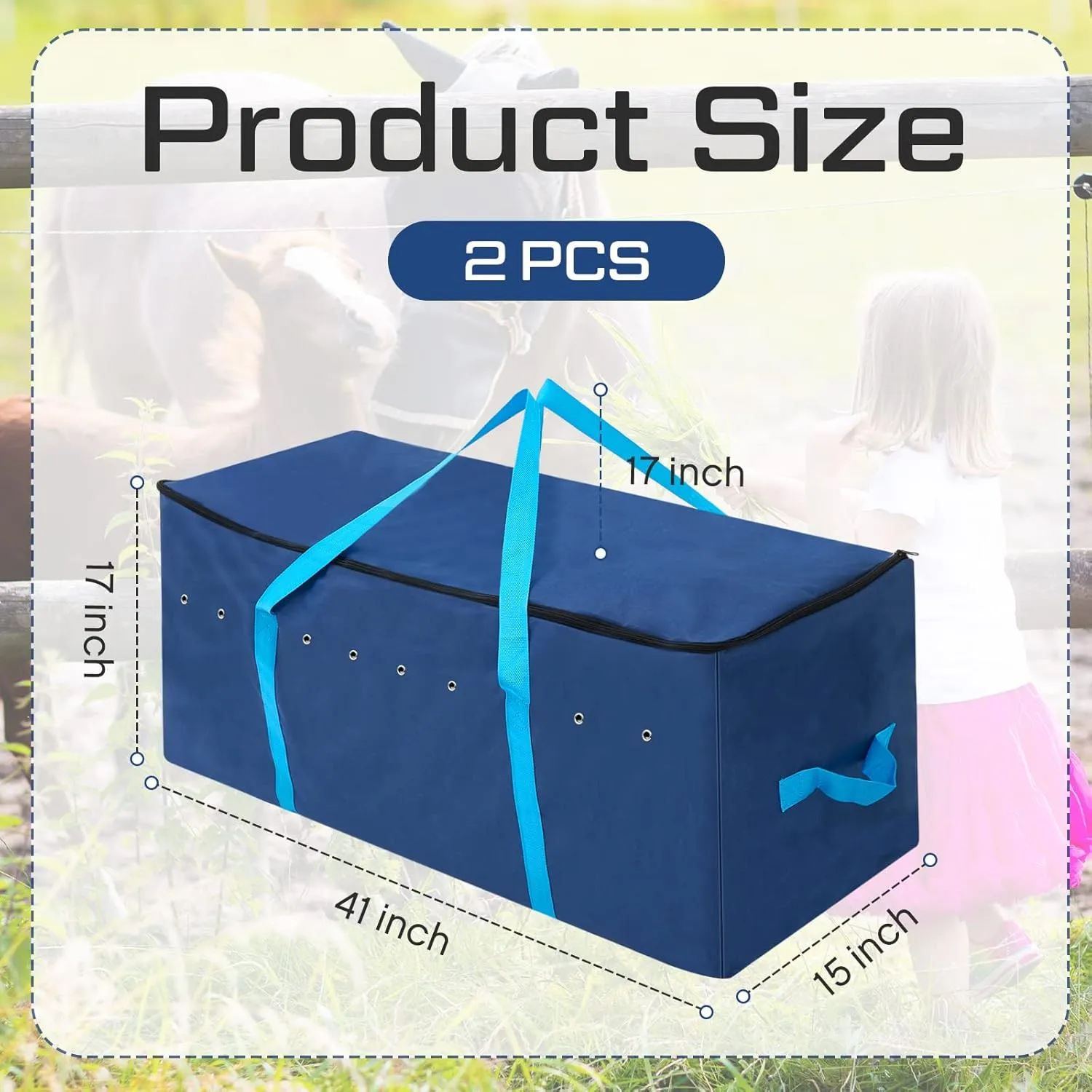 Sanwuta 2 Pack Hay Bale Bag 41 x 15 x 17 Inch Extra Large Hay Storage Container for Horses Oxford Cloth Heavy Duty Tote Bale Storage Bag for Cattle Goats Sheep Horse Supplies(Blue)