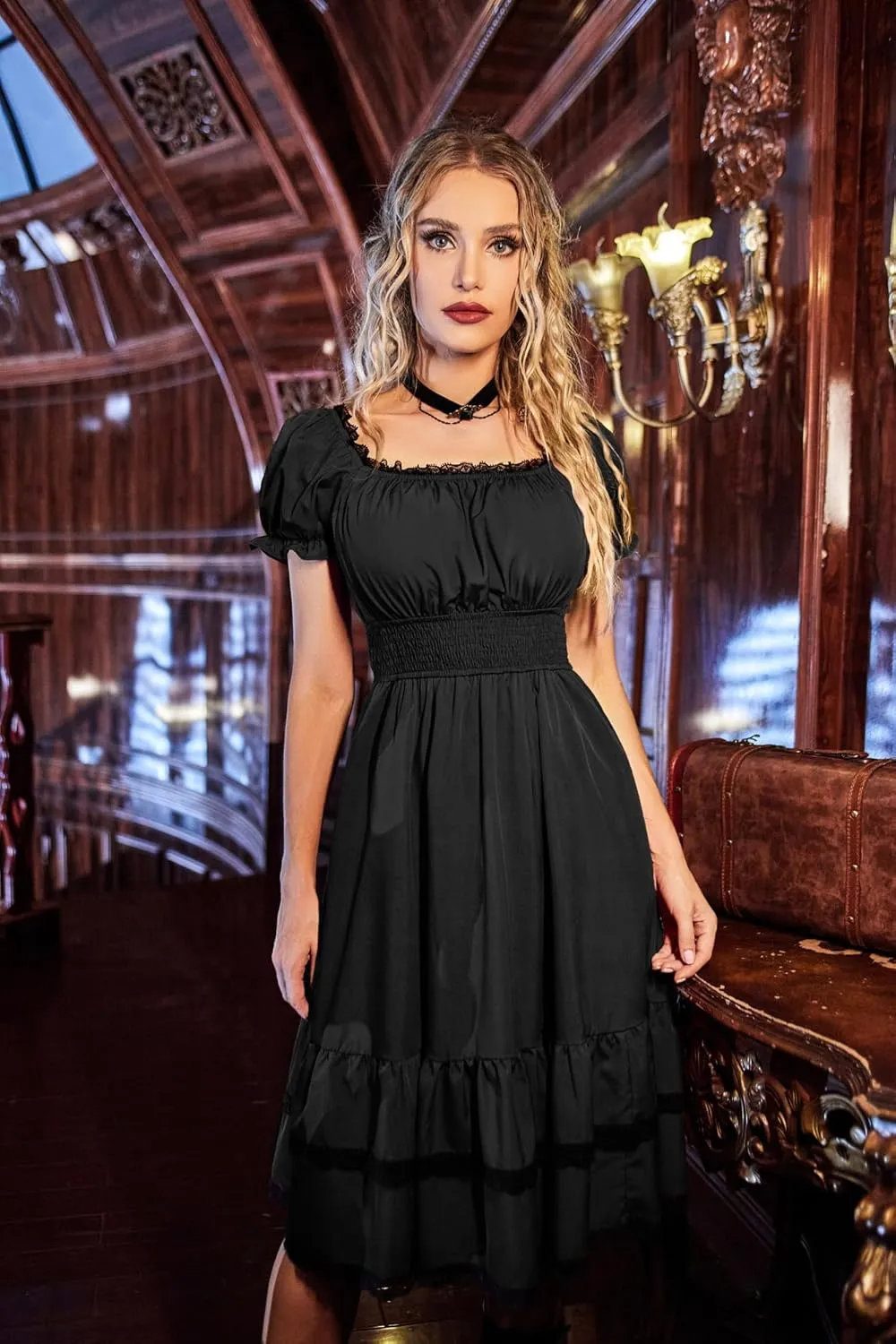 Scarlet Darkness Gothic Victorian Dresses Renaissance Costume Women Midi Dress