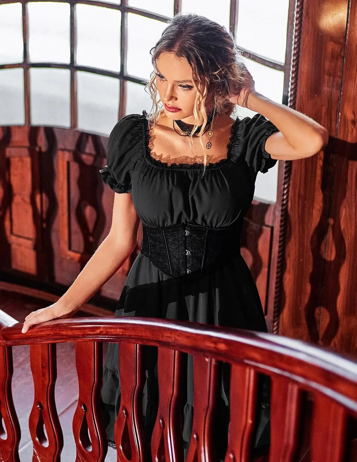 Scarlet Darkness Gothic Victorian Dresses Renaissance Costume Women Midi Dress