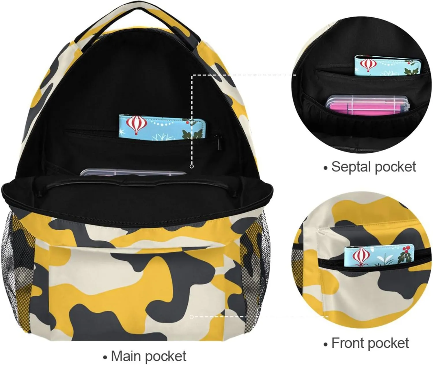 School Backpack for Men Women Fashion Travel Laptop Backpack with Chest Strap for Travel Trip Camouflage Yellow Camouflage Beige