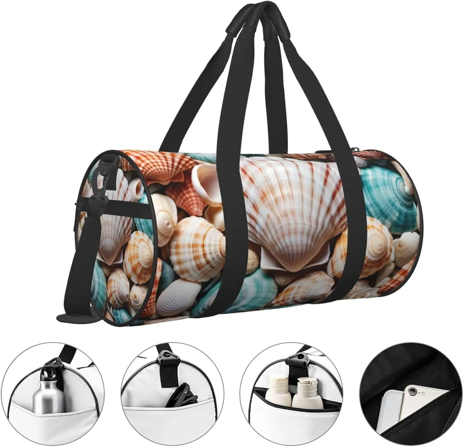 Sea Shell Printed Travel Bag,Round Personal Item Storage bag,Foldie Duffel Bag for Traveling Vacation,Fitness,Sports