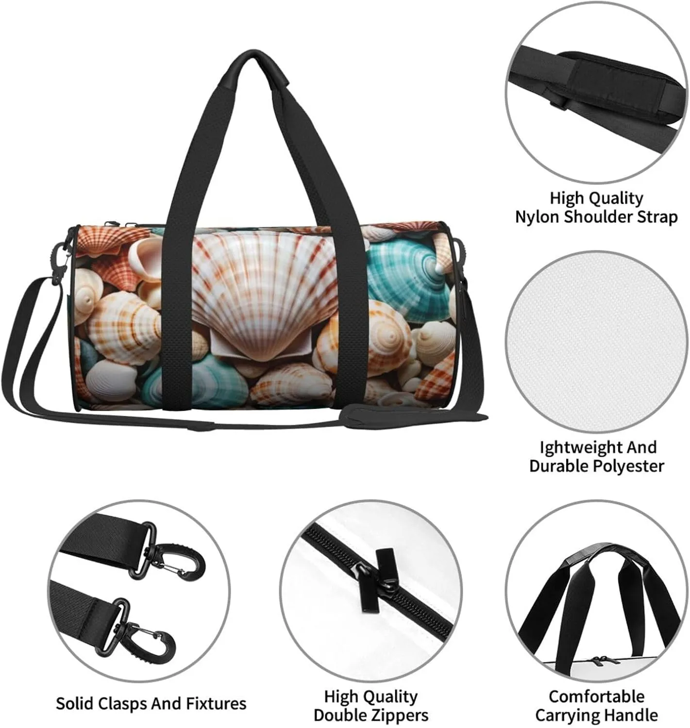 Sea Shell Printed Travel Bag,Round Personal Item Storage bag,Foldie Duffel Bag for Traveling Vacation,Fitness,Sports