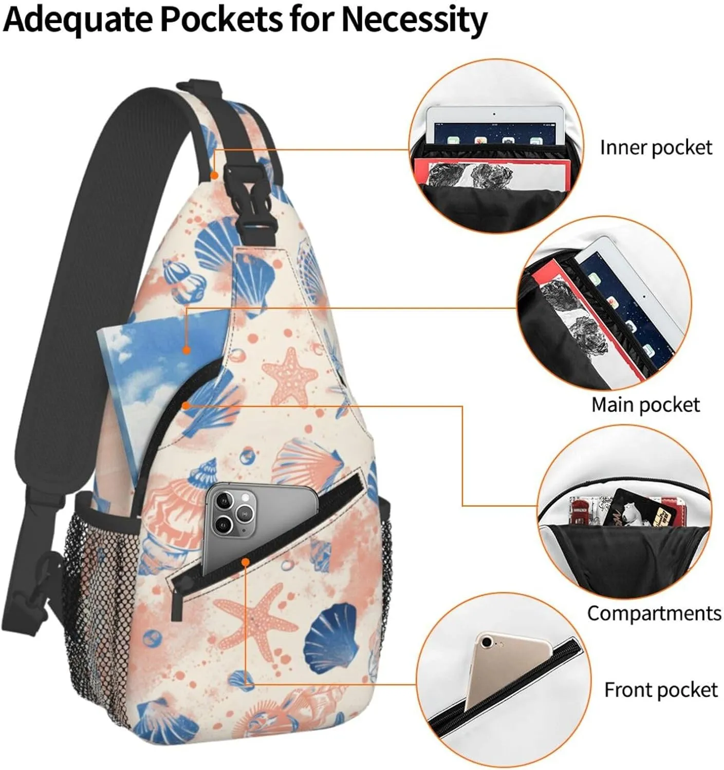Sea Shells Crossbody Sling Backpack Sling Bag Adjustable Chest Shoulder Daypack For Women Men