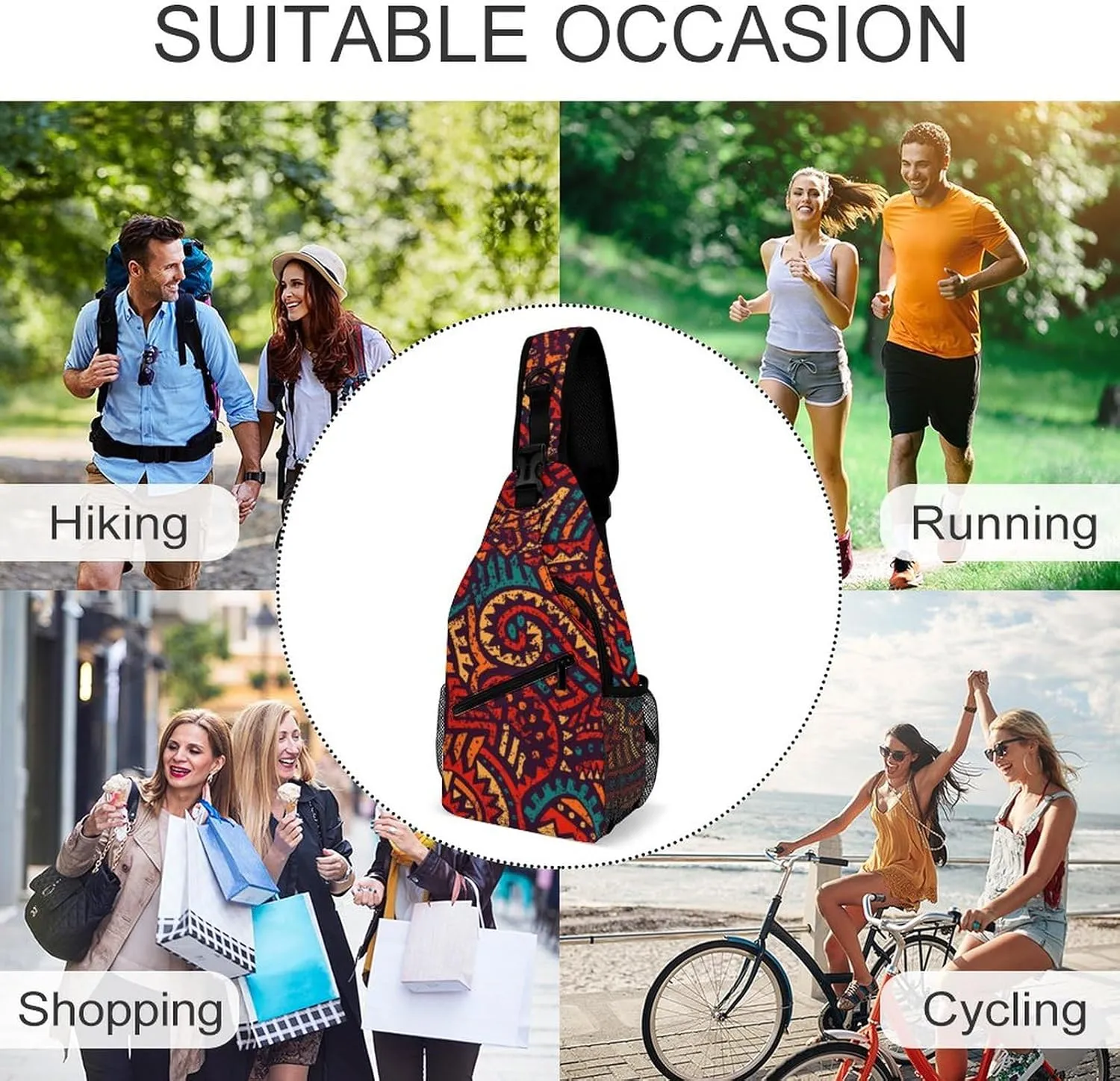 Seamless African Model Sling Bag Anti Theft,Crossbody Shoulder Backpack Ethnic Tribal Patterns Adjustable Lightweight Travel Hiking Casual Daypack for Men Women