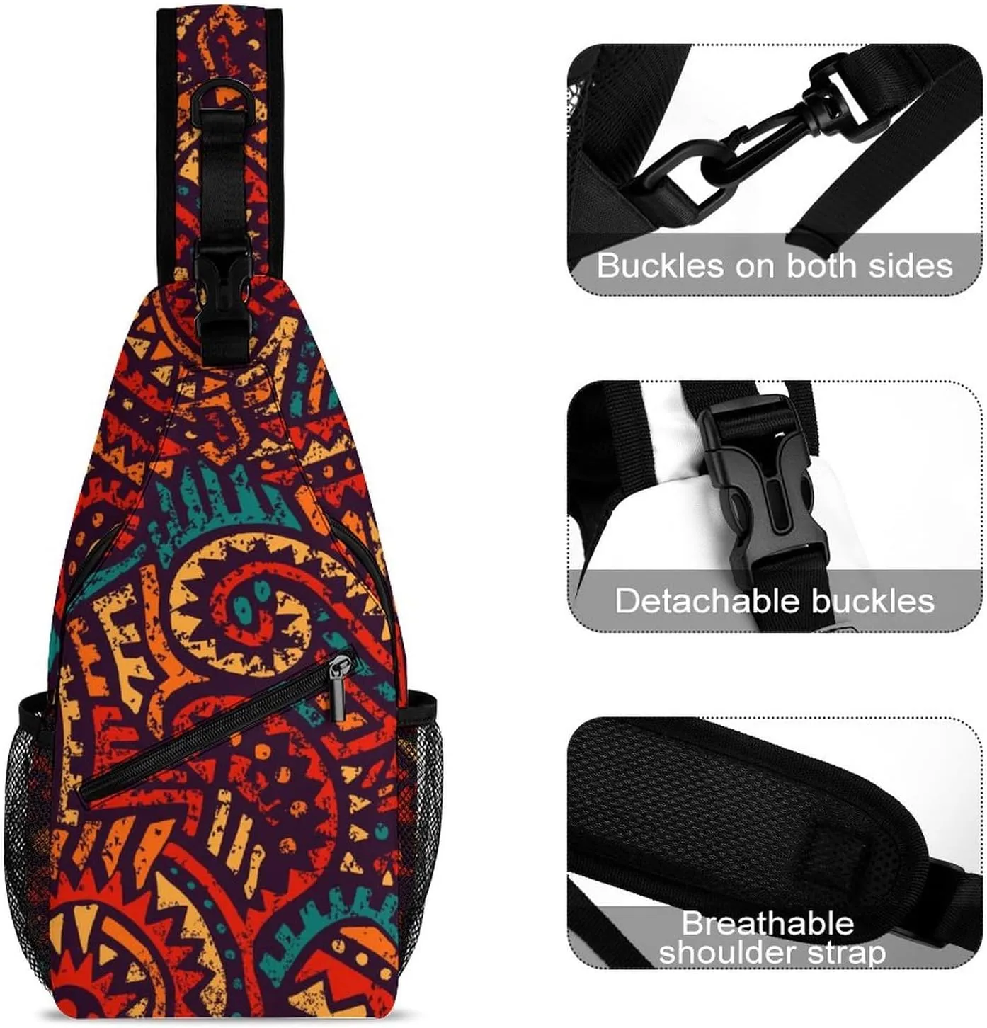 Seamless African Model Sling Bag Anti Theft,Crossbody Shoulder Backpack Ethnic Tribal Patterns Adjustable Lightweight Travel Hiking Casual Daypack for Men Women