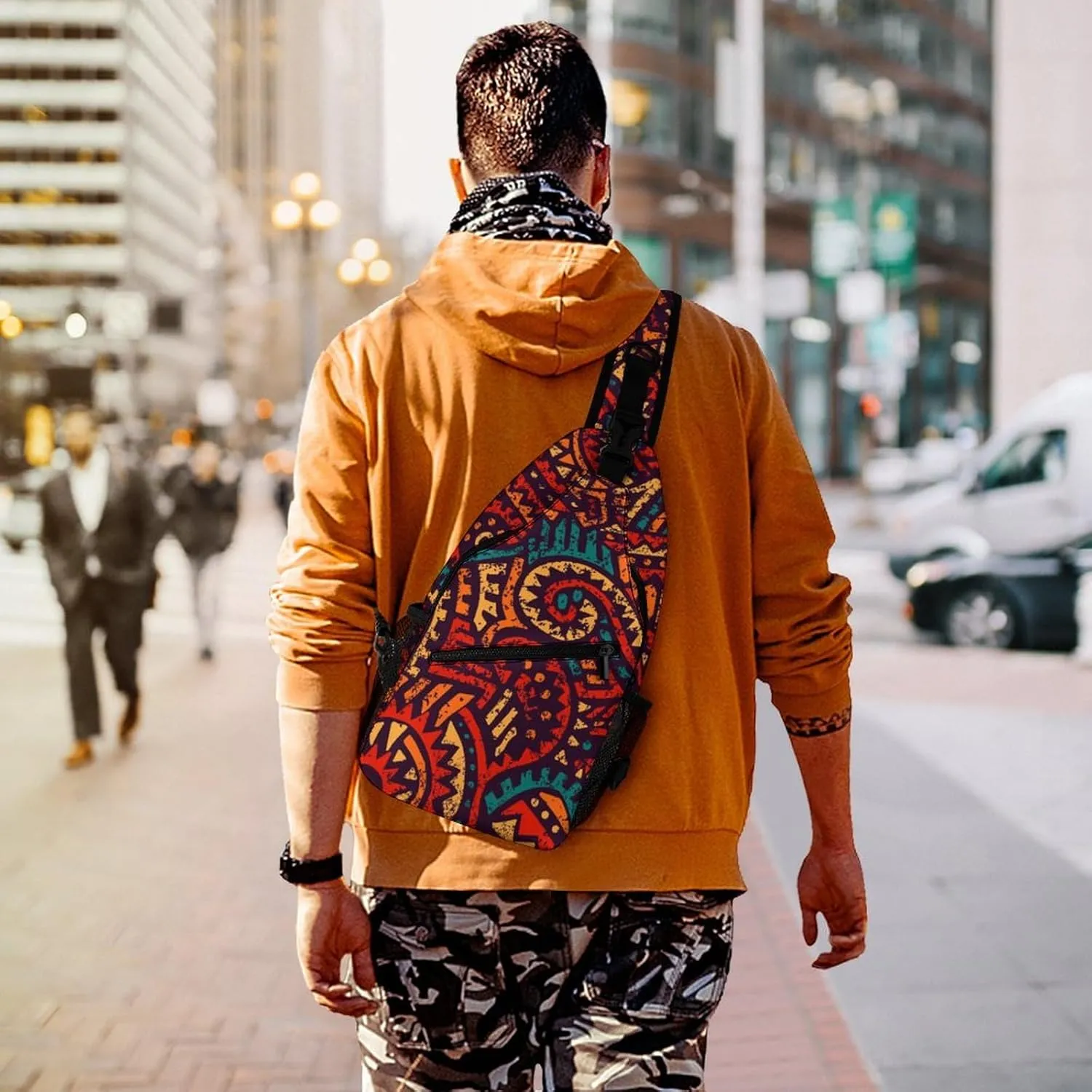 Seamless African Model Sling Bag Anti Theft,Crossbody Shoulder Backpack Ethnic Tribal Patterns Adjustable Lightweight Travel Hiking Casual Daypack for Men Women