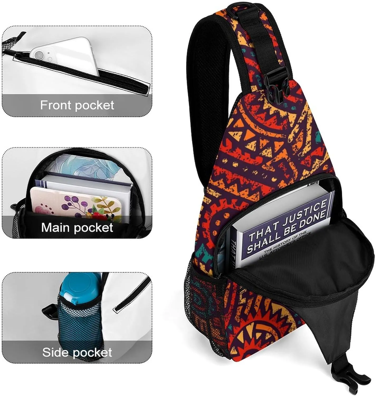Seamless African Model Sling Bag Anti Theft,Crossbody Shoulder Backpack Ethnic Tribal Patterns Adjustable Lightweight Travel Hiking Casual Daypack for Men Women
