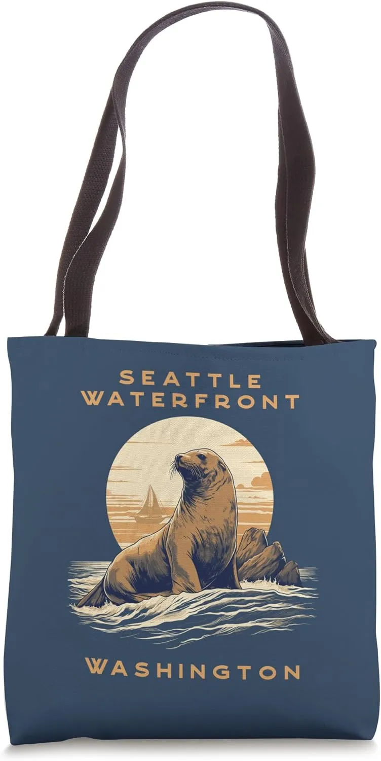 Seattle Waterfront Vintage Coastal Sea Lion Tote Bag