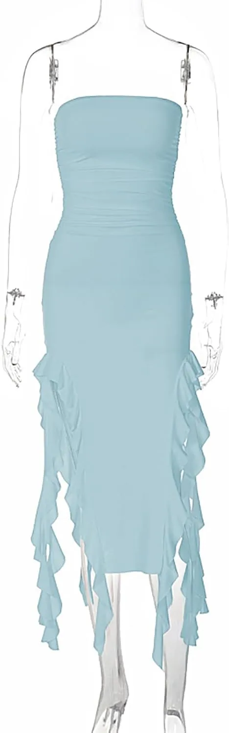 Sexy Dresses for Women Off The Shoulder Bodycon Ruffle Dress Split Thigh Tube Top Dress