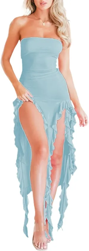 Sexy Dresses for Women Off The Shoulder Bodycon Ruffle Dress Split Thigh Tube Top Dress