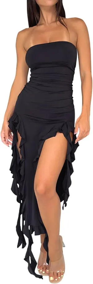 Sexy Dresses for Women Off The Shoulder Bodycon Ruffle Dress Split Thigh Tube Top Dress