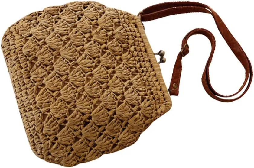 Shell Crochet Straw Woven Shoulder Bags With Vintage Brass Buckle Closed