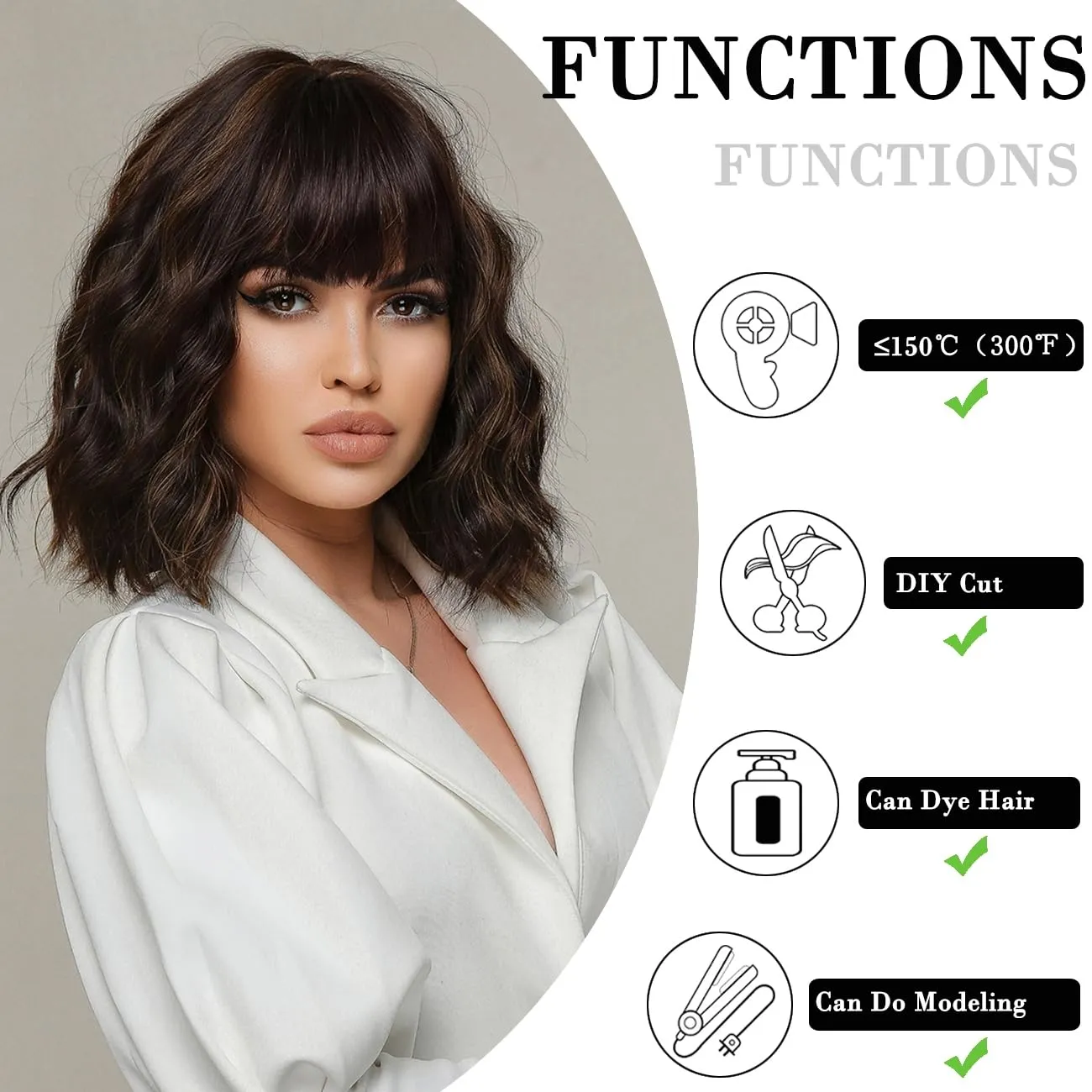 Short Bob Mixed Black Brown Wavy Wigs for Women Natural Shoulder Length Wig with Bangs Synthetic Wigs for Daily Cosplay