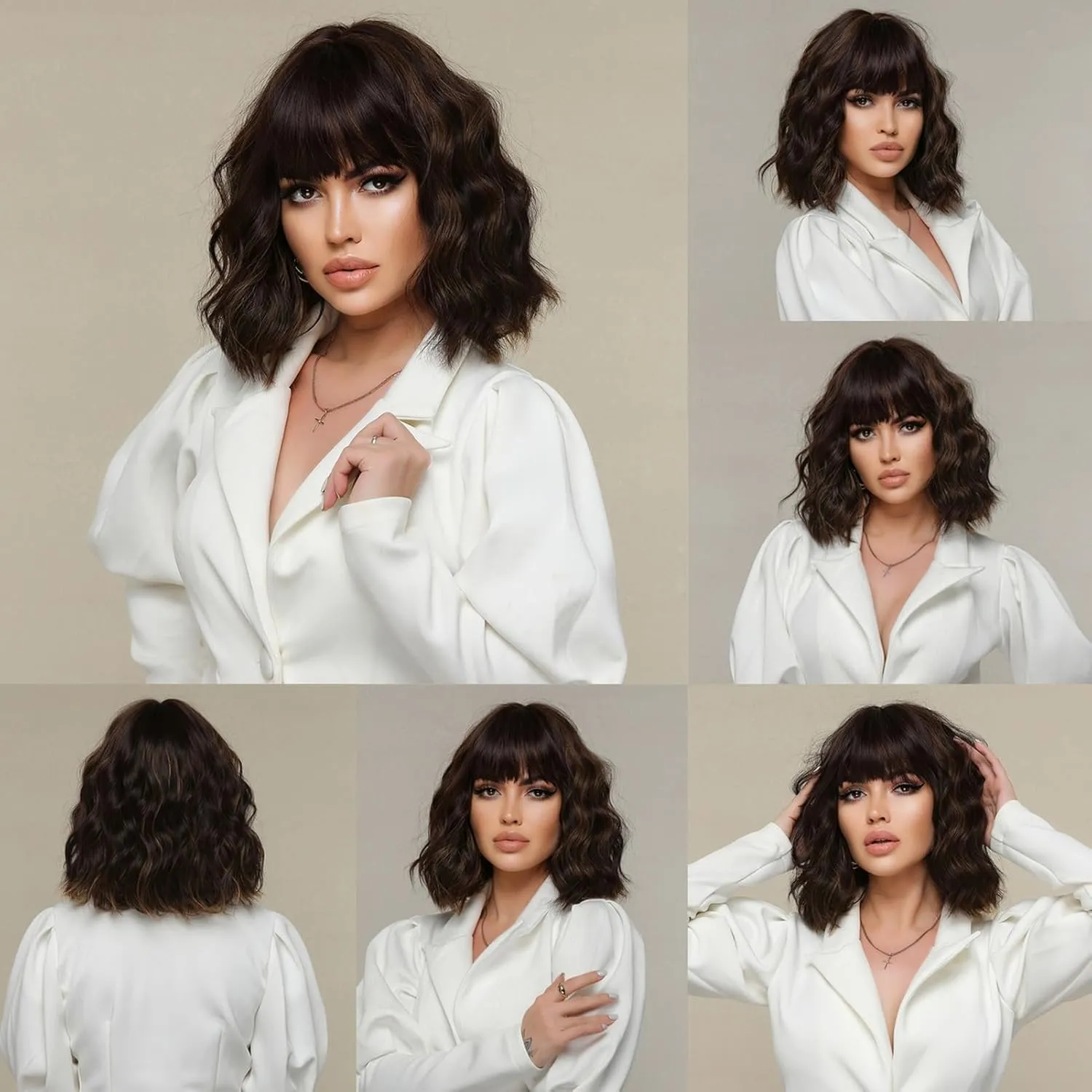 Short Bob Mixed Black Brown Wavy Wigs for Women Natural Shoulder Length Wig with Bangs Synthetic Wigs for Daily Cosplay