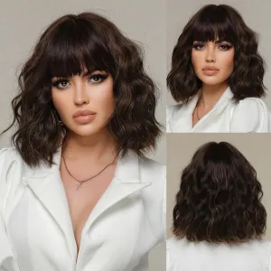 Short Bob Mixed Black Brown Wavy Wigs for Women Natural Shoulder Length Wig with Bangs Synthetic Wigs for Daily Cosplay