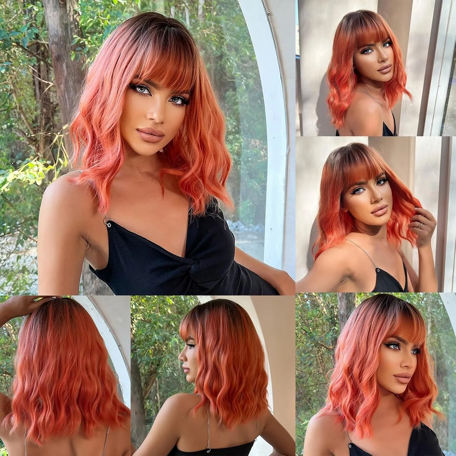 Short Bob Ombre Black Orange Red Wavy Wigs for Women Natural Shoulder Length Wig with Bangs Synthetic Wigs for Daily Cosplay