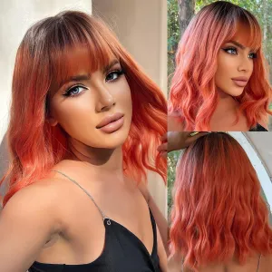 Short Bob Ombre Black Orange Red Wavy Wigs for Women Natural Shoulder Length Wig with Bangs Synthetic Wigs for Daily Cosplay