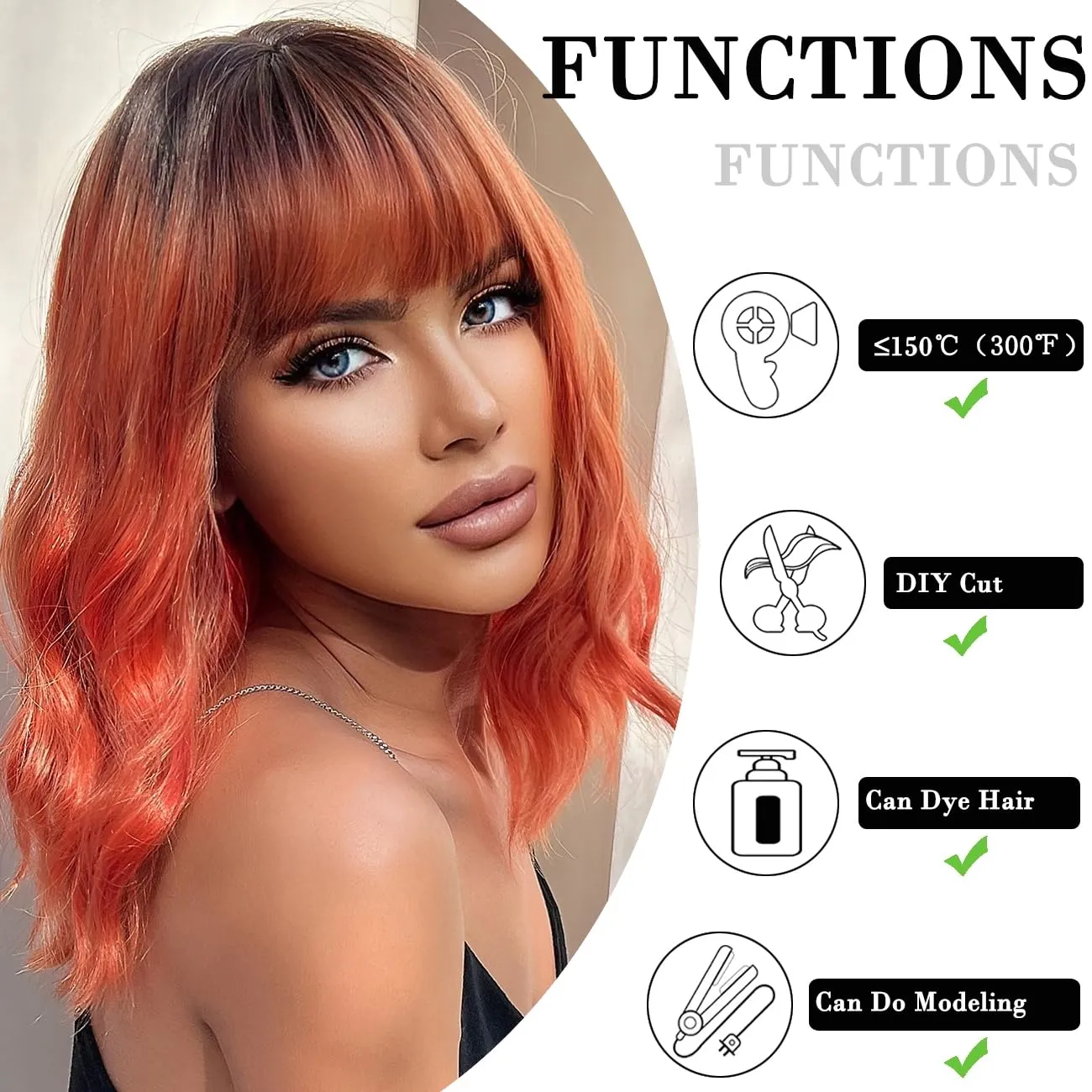 Short Bob Ombre Black Orange Red Wavy Wigs for Women Natural Shoulder Length Wig with Bangs Synthetic Wigs for Daily Cosplay