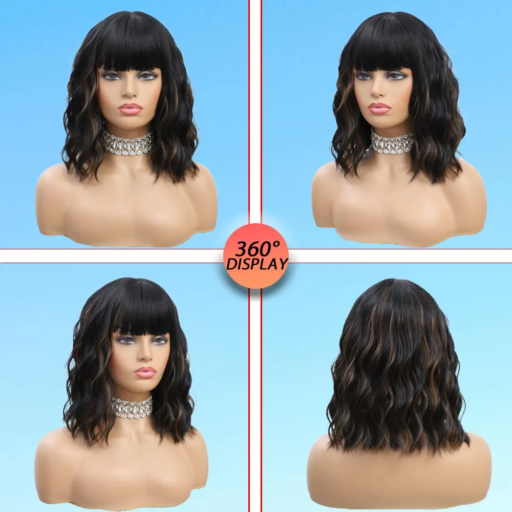 Short Wavy Black Highlight Brown Wig with Bangs 14inch Black Brown Wigs for Women Short Curly Bob Wigs Synthetic Natural Looking Hair Replacement Wigs Costume Cosplay Halloween Wig(14'' 1B30)