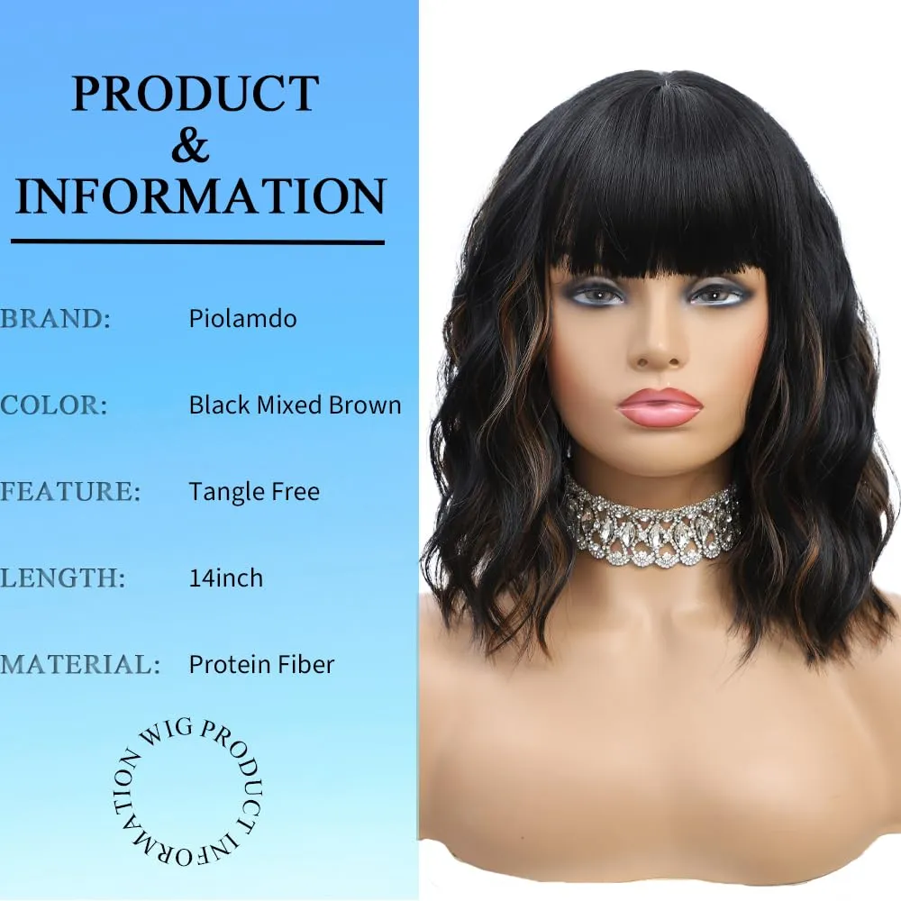 Short Wavy Black Highlight Brown Wig with Bangs 14inch Black Brown Wigs for Women Short Curly Bob Wigs Synthetic Natural Looking Hair Replacement Wigs Costume Cosplay Halloween Wig(14'' 1B30)